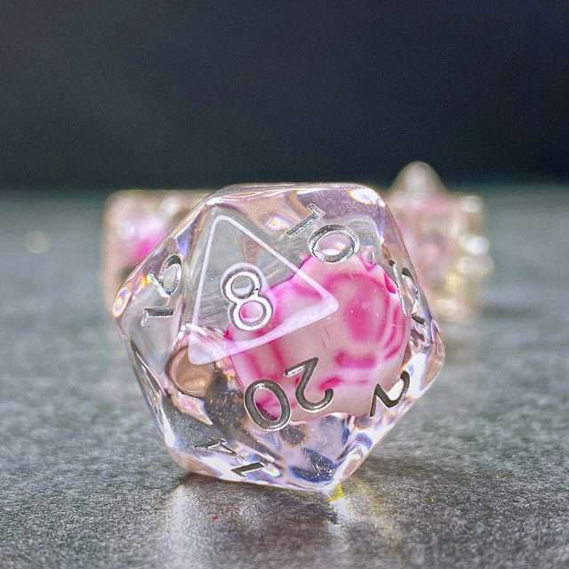 Sage's Familiars - Kitty Treats Resin Pink Polyhedral Dice Set - Sage's PortalResin Dice Set