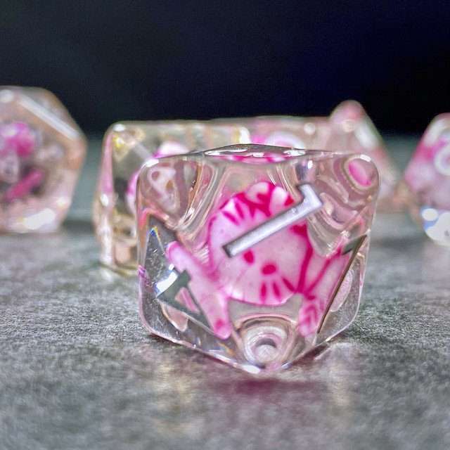 Sage's Familiars - Kitty Treats Resin Pink Polyhedral Dice Set - Sage's PortalResin Dice Set