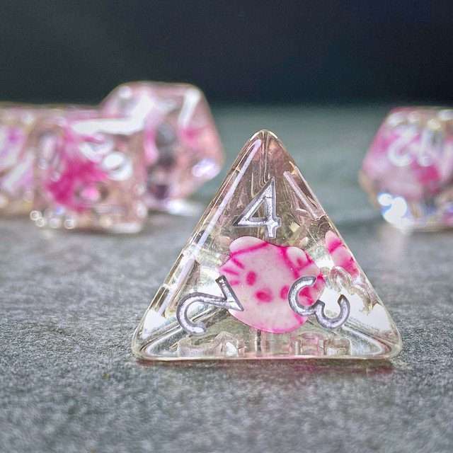 Sage's Familiars - Kitty Treats Resin Pink Polyhedral Dice Set - Sage's PortalResin Dice Set