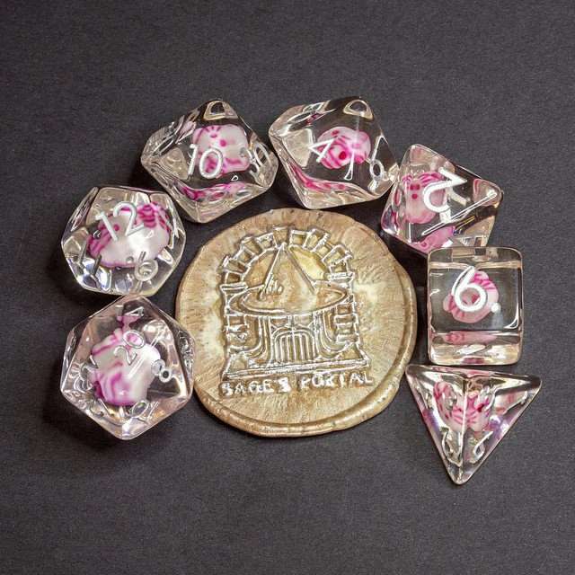 Sage's Familiars - Kitty Treats Resin Pink Polyhedral Dice Set - Sage's PortalResin Dice Set