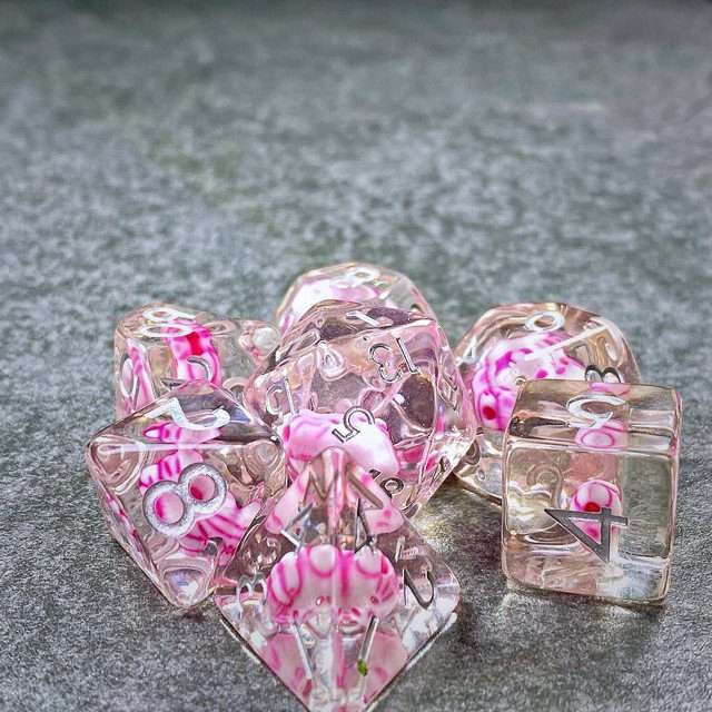 Sage's Familiars - Kitty Treats Resin Pink Polyhedral Dice Set - Sage's PortalResin Dice Set