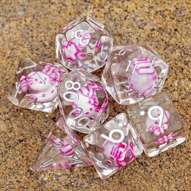 Sage's Familiars - Kitty Treats Resin Pink Polyhedral Dice Set - Sage's PortalResin Dice Set