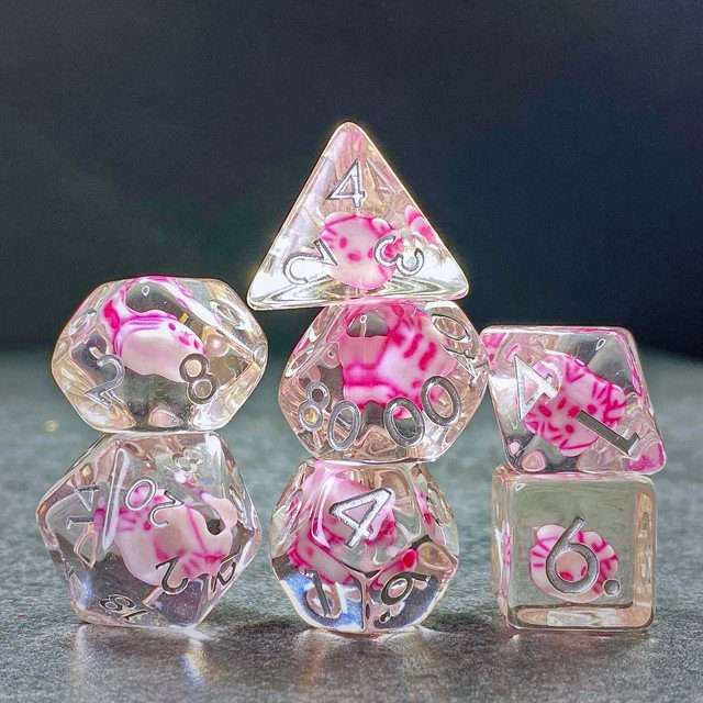 Sage's Familiars - Kitty Treats Resin Pink Polyhedral Dice Set - Sage's PortalResin Dice Set