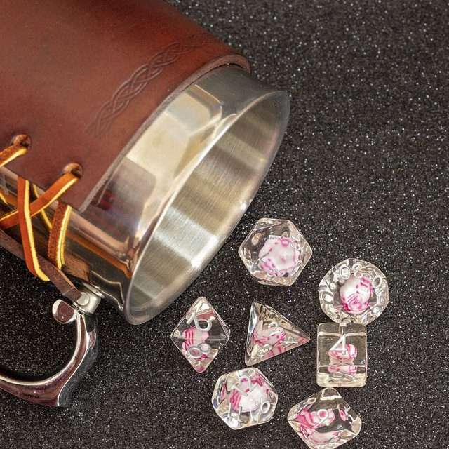 Sage's Familiars - Kitty Treats Resin Pink Polyhedral Dice Set - Sage's PortalResin Dice Set