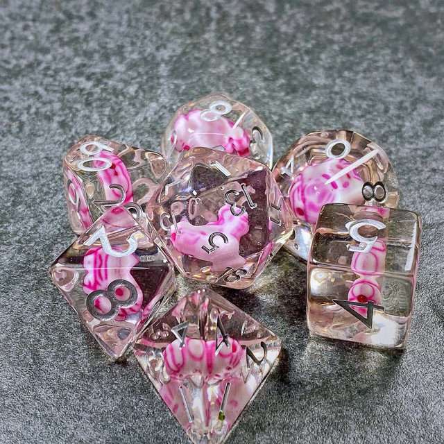 Sage's Familiars - Kitty Treats Resin Pink Polyhedral Dice Set - Sage's PortalResin Dice Set