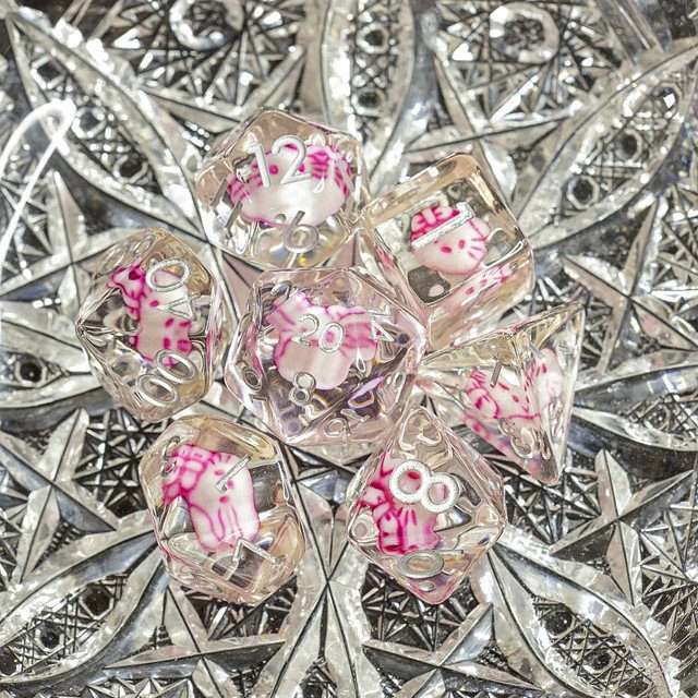 Sage's Familiars - Kitty Treats Resin Pink Polyhedral Dice Set - Sage's PortalResin Dice Set