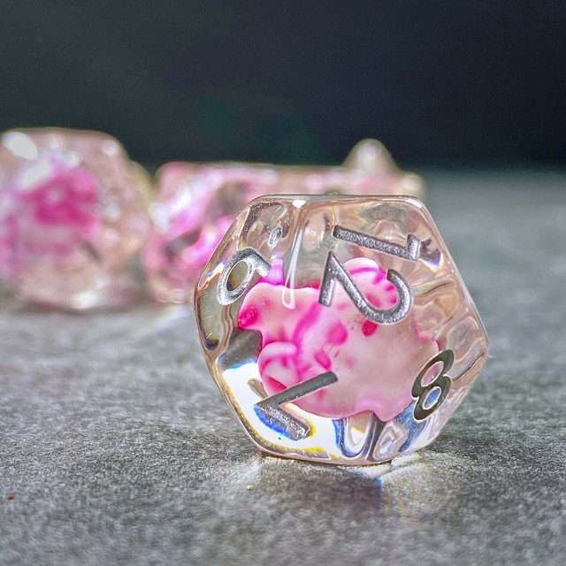 Sage's Familiars - Kitty Treats Resin Pink Polyhedral Dice Set - Sage's PortalResin Dice Set