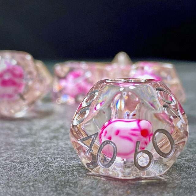 Sage's Familiars - Kitty Treats Resin Pink Polyhedral Dice Set - Sage's PortalResin Dice Set