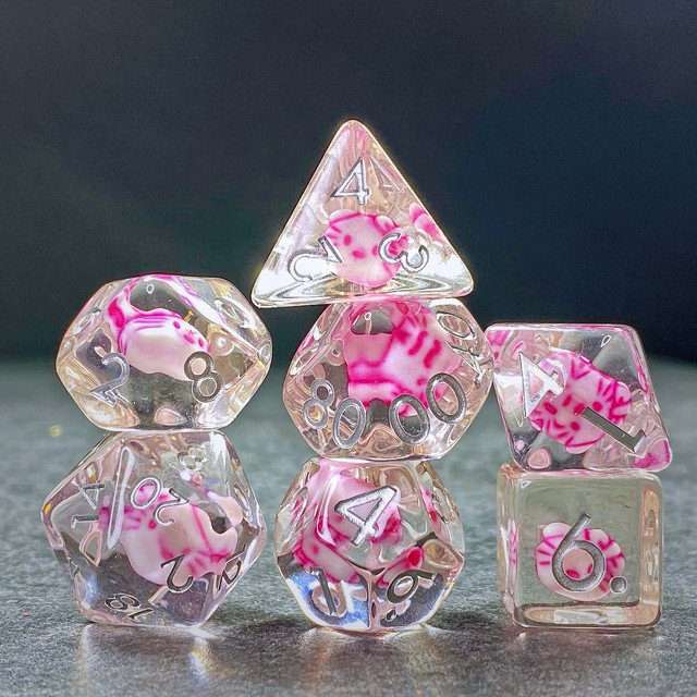 Sage's Familiars - Kitty Treats Resin Pink Polyhedral Dice Set - Sage's PortalResin Dice Set