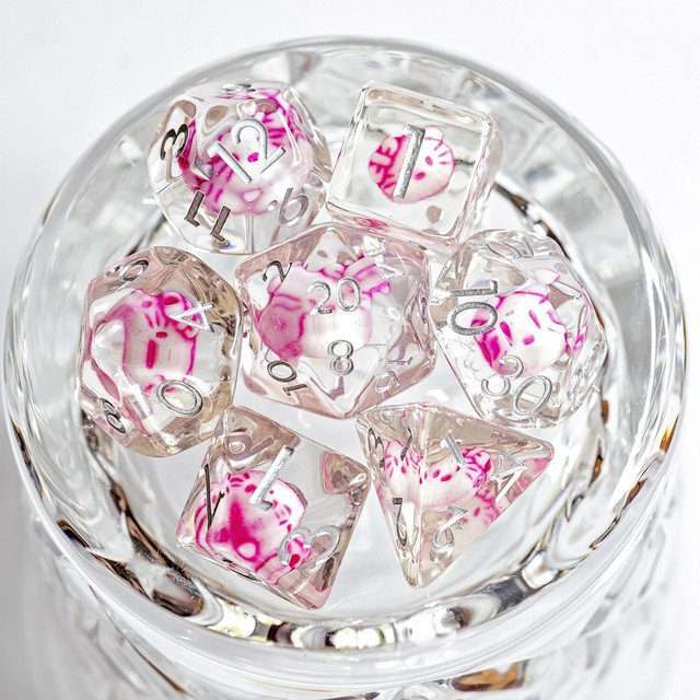 Sage's Familiars - Kitty Treats Resin Pink Polyhedral Dice Set - Sage's PortalResin Dice Set