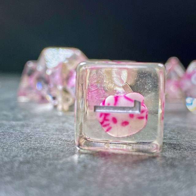 Sage's Familiars - Kitty Treats Resin Pink Polyhedral Dice Set - Sage's PortalResin Dice Set