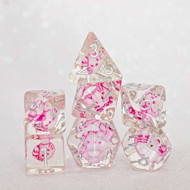 Sage's Familiars - Kitty Treats Resin Pink Polyhedral Dice Set - Sage's PortalResin Dice Set