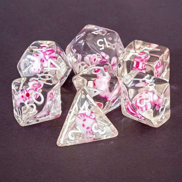 Sage's Familiars - Kitty Treats Resin Pink Polyhedral Dice Set - Sage's PortalResin Dice Set