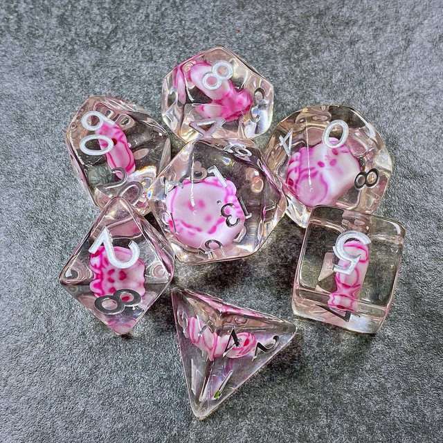 Sage's Familiars - Kitty Treats Resin Pink Polyhedral Dice Set - Sage's PortalResin Dice Set