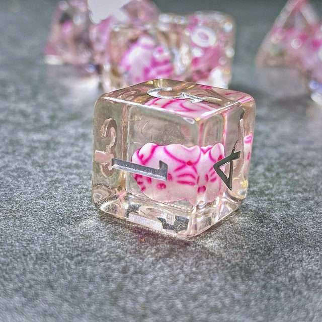 Sage's Familiars - Kitty Treats Resin Pink Polyhedral Dice Set - Sage's PortalResin Dice Set