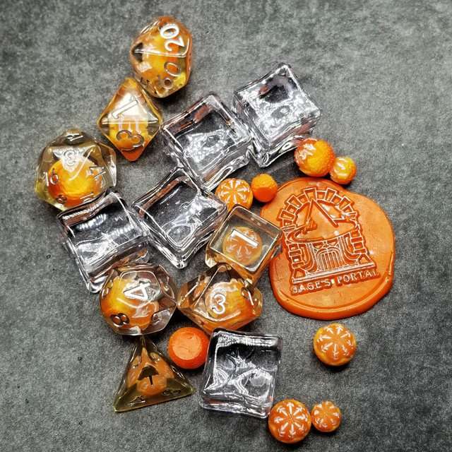 Sage's Familiars - Magic Oranges Resin Polyhedral Dice Set - Sage's PortalResin Dice Set