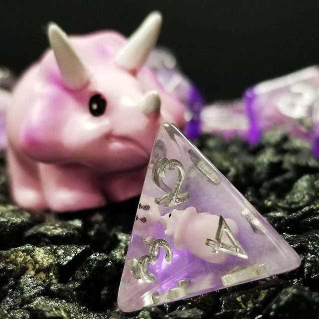 Sage's Familiars - Pink Baby Triceratops Resin Polyhedral Dice Set + Optional Matching Figurine - Sage's PortalResin Dice + Figurine Set