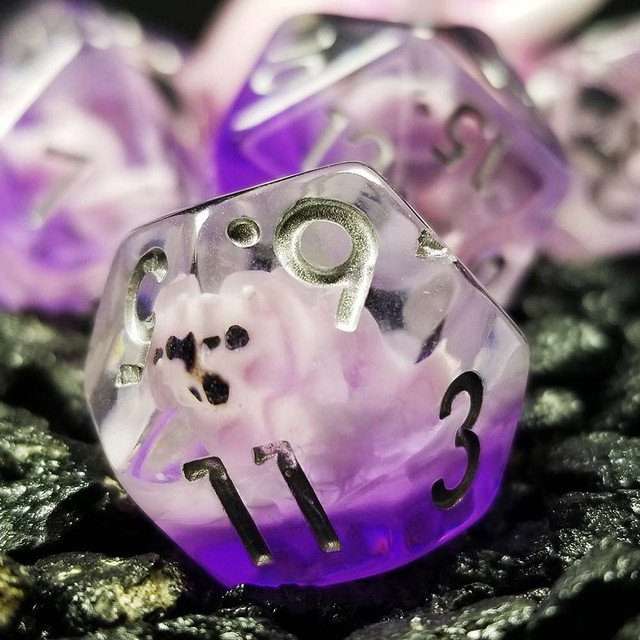Sage's Familiars - Pink Baby Triceratops Resin Polyhedral Dice Set + Optional Matching Figurine - Sage's PortalResin Dice + Figurine Set
