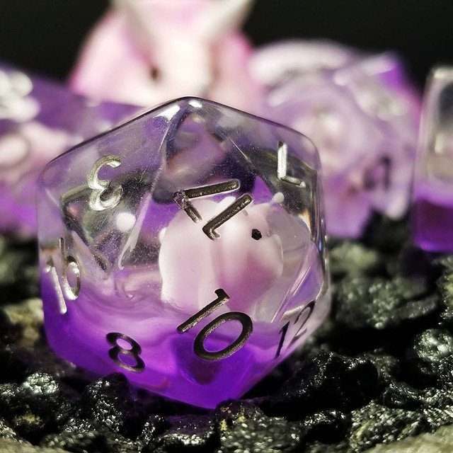Sage's Familiars - Pink Baby Triceratops Resin Polyhedral Dice Set + Optional Matching Figurine - Sage's PortalResin Dice + Figurine Set