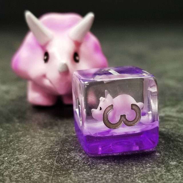 Sage's Familiars - Pink Baby Triceratops Resin Polyhedral Dice Set + Optional Matching Figurine - Sage's PortalResin Dice + Figurine Set