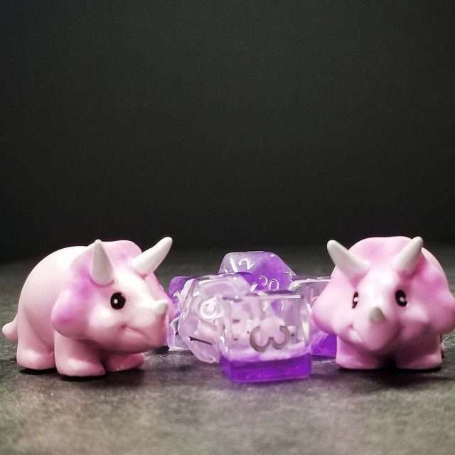Sage's Familiars - Pink Baby Triceratops Resin Polyhedral Dice Set + Optional Matching Figurine - Sage's PortalResin Dice + Figurine Set