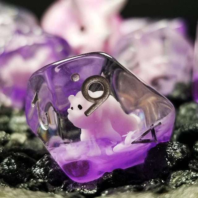 Sage's Familiars - Pink Baby Triceratops Resin Polyhedral Dice Set + Optional Matching Figurine - Sage's PortalResin Dice + Figurine Set