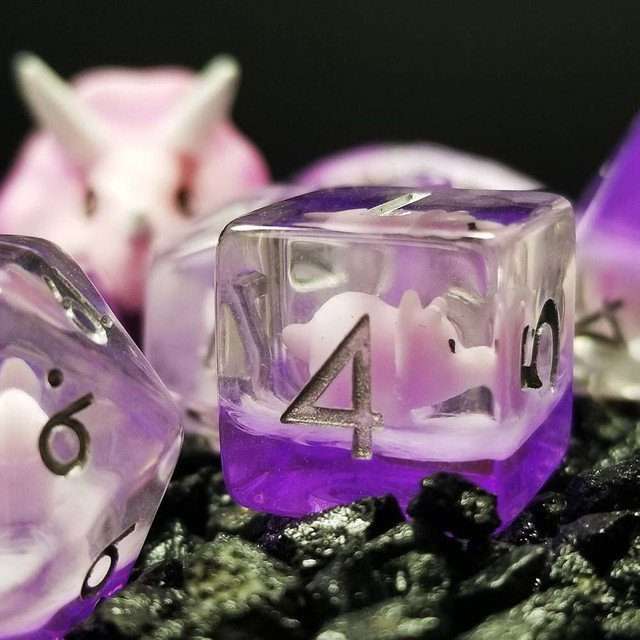 Sage's Familiars - Pink Baby Triceratops Resin Polyhedral Dice Set + Optional Matching Figurine - Sage's PortalResin Dice + Figurine Set