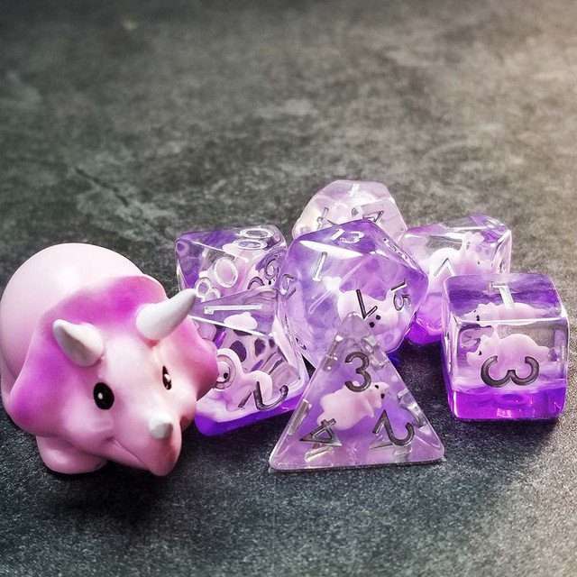 Sage's Familiars - Pink Baby Triceratops Resin Polyhedral Dice Set + Optional Matching Figurine - Sage's PortalResin Dice + Figurine Set