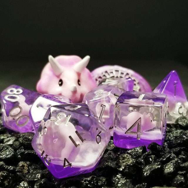 Sage's Familiars - Pink Baby Triceratops Resin Polyhedral Dice Set + Optional Matching Figurine - Sage's PortalResin Dice + Figurine Set