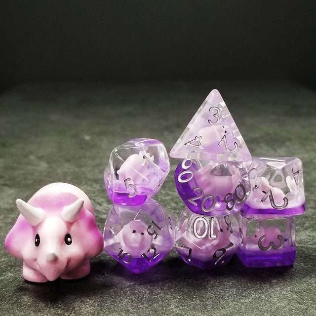 Sage's Familiars - Pink Baby Triceratops Resin Polyhedral Dice Set + Optional Matching Figurine - Sage's PortalResin Dice + Figurine Set