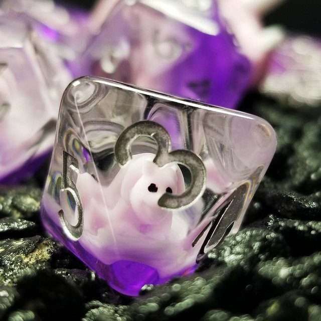 Sage's Familiars - Pink Baby Triceratops Resin Polyhedral Dice Set + Optional Matching Figurine - Sage's PortalResin Dice + Figurine Set