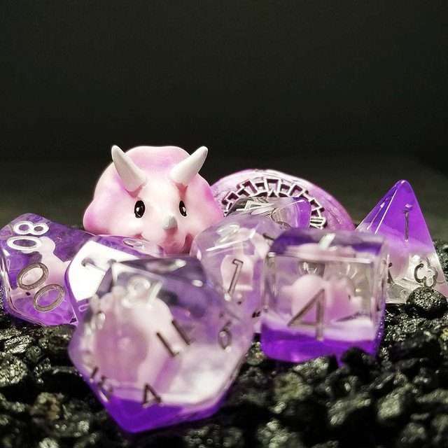 Sage's Familiars - Pink Baby Triceratops Resin Polyhedral Dice Set + Optional Matching Figurine - Sage's PortalResin Dice + Figurine Set