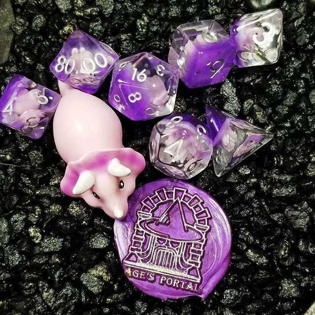 Sage's Familiars - Pink Baby Triceratops Resin Polyhedral Dice Set + Optional Matching Figurine - Sage's PortalResin Dice + Figurine Set