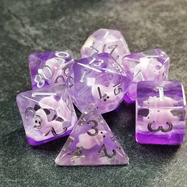 Sage's Familiars - Pink Baby Triceratops Resin Polyhedral Dice Set + Optional Matching Figurine - Sage's PortalResin Dice + Figurine Set