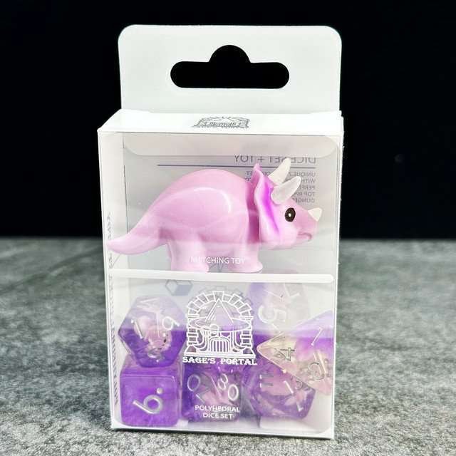 Sage's Familiars - Pink Baby Triceratops Resin Polyhedral Dice Set + Optional Matching Figurine - Sage's PortalResin Dice + Figurine Set