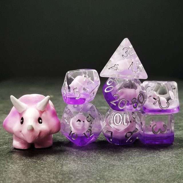 Sage's Familiars - Pink Baby Triceratops Resin Polyhedral Dice Set + Optional Matching Figurine - Sage's PortalResin Dice + Figurine Set