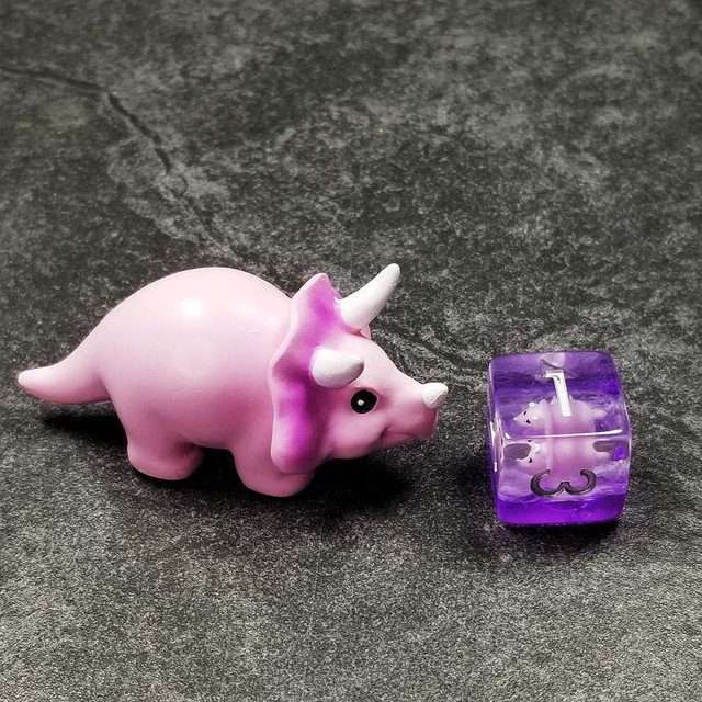 Sage's Familiars - Pink Baby Triceratops Resin Polyhedral Dice Set + Optional Matching Figurine - Sage's PortalResin Dice + Figurine Set