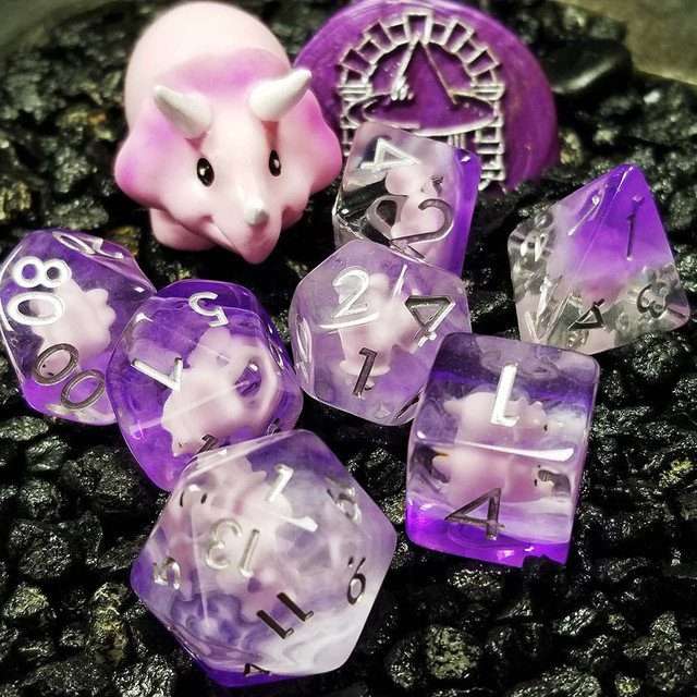 Sage's Familiars - Pink Baby Triceratops Resin Polyhedral Dice Set + Optional Matching Figurine - Sage's PortalResin Dice + Figurine Set