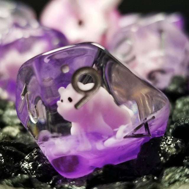 Sage's Familiars - Pink Baby Triceratops Resin Polyhedral Dice Set + Optional Matching Figurine - Sage's PortalResin Dice + Figurine Set
