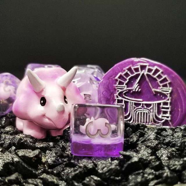 Sage's Familiars - Pink Baby Triceratops Resin Polyhedral Dice Set + Optional Matching Figurine - Sage's PortalResin Dice + Figurine Set