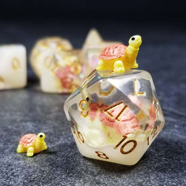 Sage's Familiars- Pink Baby Turtle Familiar Resin Polyhedral Dice Set - Sage's PortalResin Dice Set