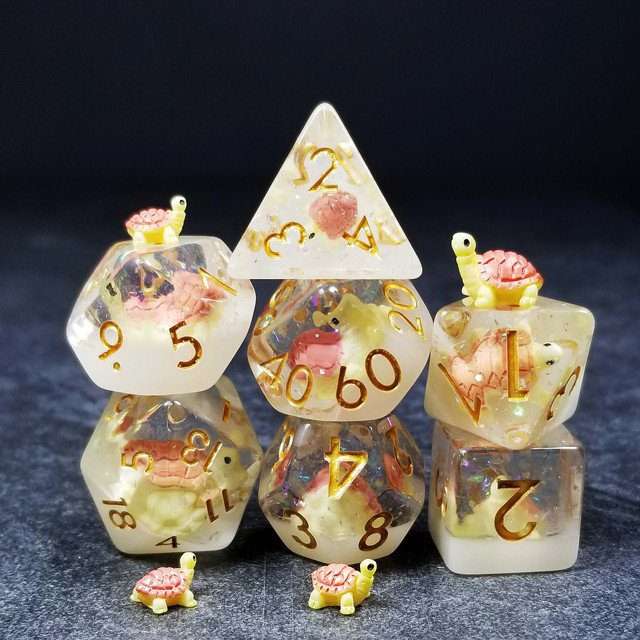 Sage's Familiars- Pink Baby Turtle Familiar Resin Polyhedral Dice Set - Sage's PortalResin Dice Set