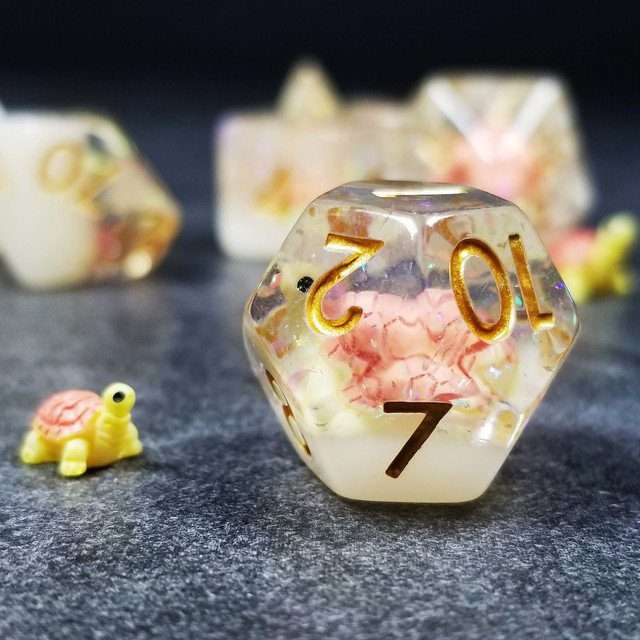 Sage's Familiars- Pink Baby Turtle Familiar Resin Polyhedral Dice Set - Sage's PortalResin Dice Set