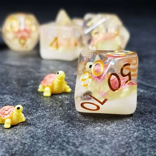 Sage's Familiars- Pink Baby Turtle Familiar Resin Polyhedral Dice Set - Sage's PortalResin Dice Set
