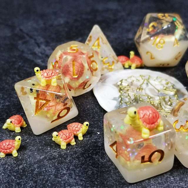 Sage's Familiars- Pink Baby Turtle Familiar Resin Polyhedral Dice Set - Sage's PortalResin Dice Set