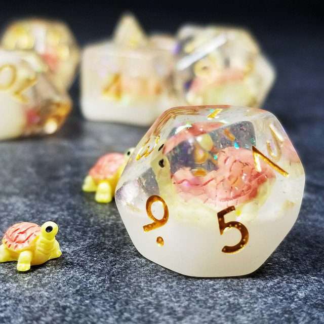 Sage's Familiars- Pink Baby Turtle Familiar Resin Polyhedral Dice Set - Sage's PortalResin Dice Set