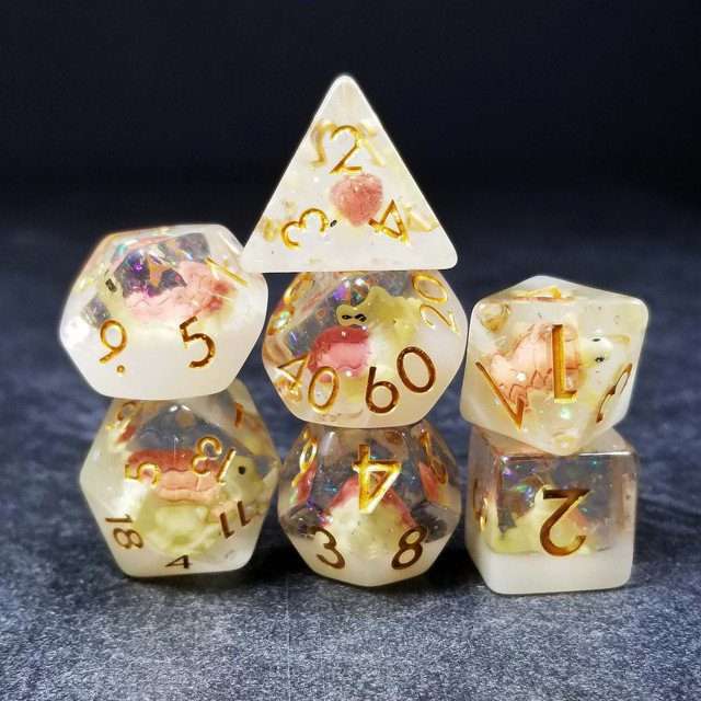 Sage's Familiars- Pink Baby Turtle Familiar Resin Polyhedral Dice Set - Sage's PortalResin Dice Set