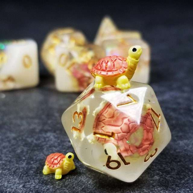 Sage's Familiars- Pink Baby Turtle Familiar Resin Polyhedral Dice Set - Sage's PortalResin Dice Set