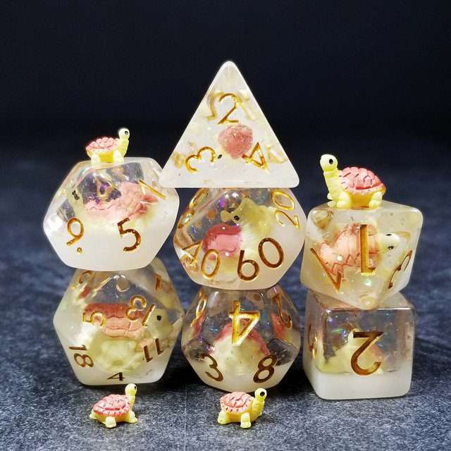 Sage's Familiars- Pink Baby Turtle Familiar Resin Polyhedral Dice Set - Sage's PortalResin Dice Set