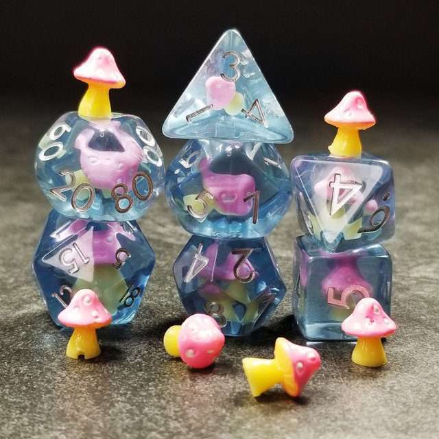 Sage's Familiars - Pink Magic Shrooms Resin Polyhedral Dice Set - Sage's PortalResin Dice Set